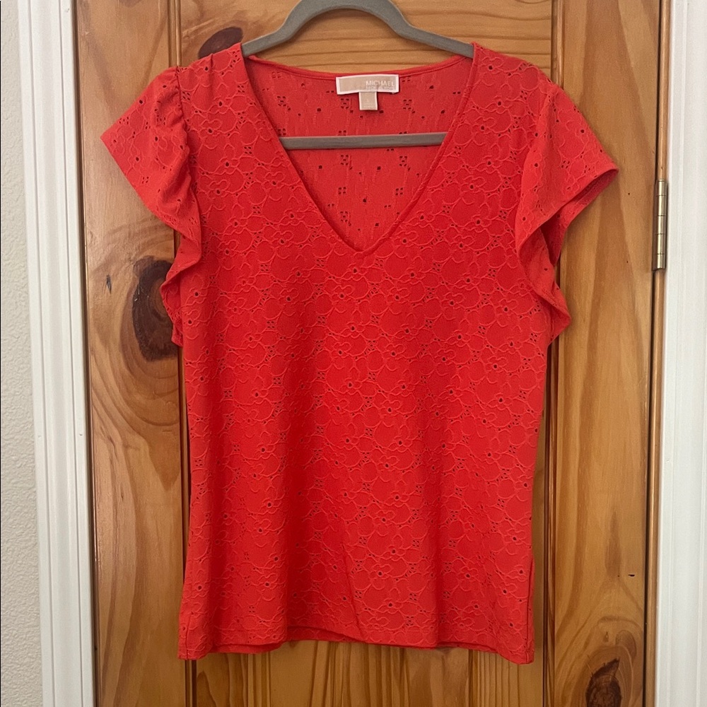 Michael Kors eyelet Lace deep V-Neck Top flutter sleeves size S